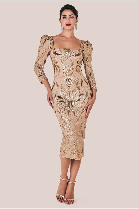 Goddiva Square Neck Scalloped Embroidered Sequin Midi Dress - Champagne