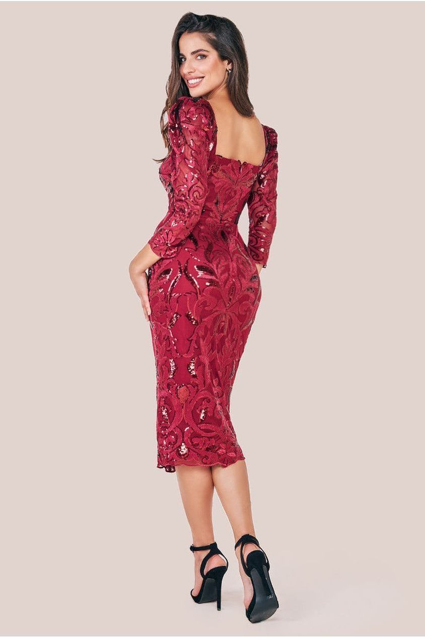 Goddiva Square Neck Scalloped Embroidered Sequin Midi Dress - Wine