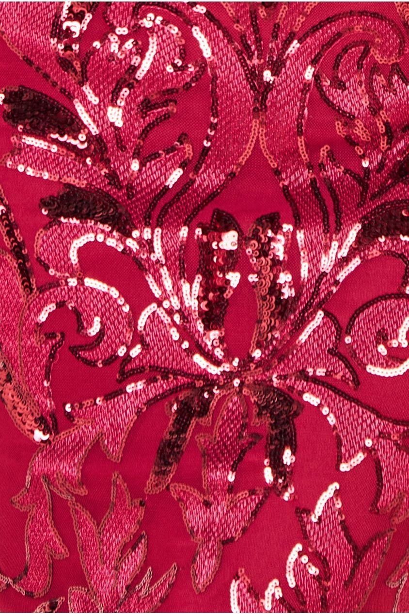 Goddiva Square Neck Scalloped Embroidered Sequin Midi Dress - Wine