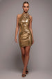 Goddiva Liquid Sequin Halterneck Mini With Corsage - Gold