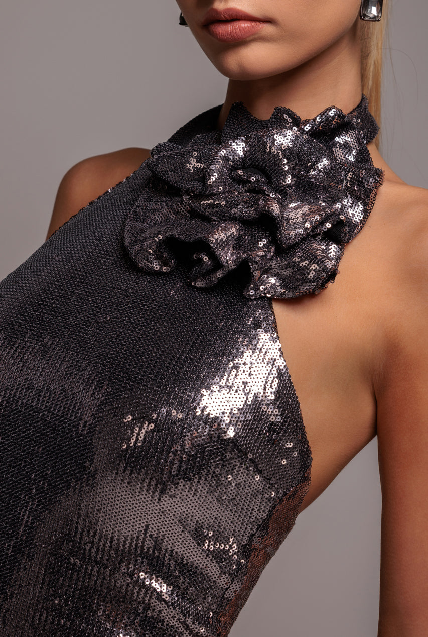 Goddiva Liquid Sequin Halterneck Mini With Corsage - Silver