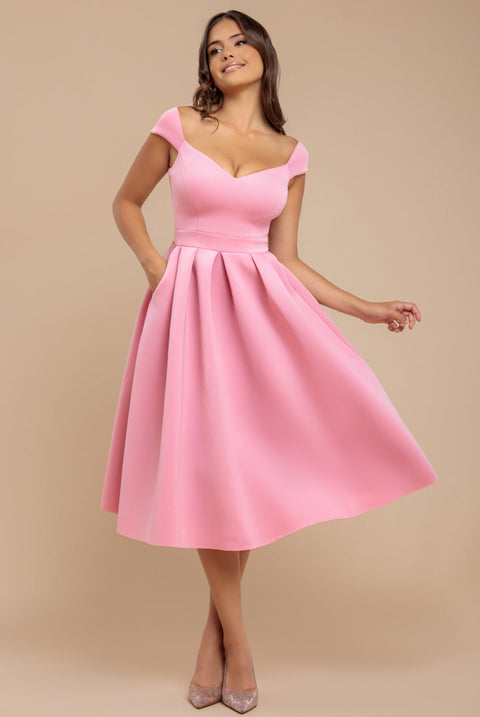 Goddiva Scuba Foam Skater Midi Dress - Blush Pink