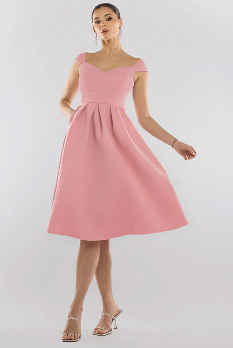 Goddiva Scuba Foam Skater Midi Dress - Blush Pink