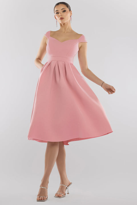 Goddiva Scuba Foam Skater Midi Dress - Blush Pink