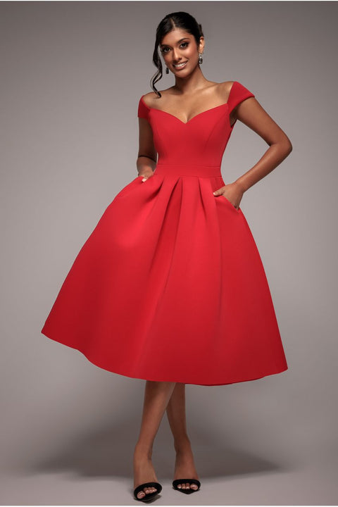 Goddiva Scuba Foam Skater Midi Dress - Red