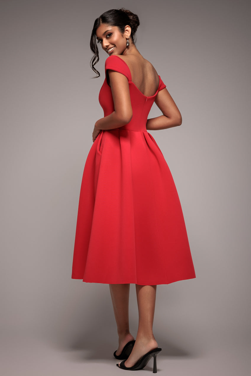 Goddiva Scuba Foam Skater Midi Dress - Red