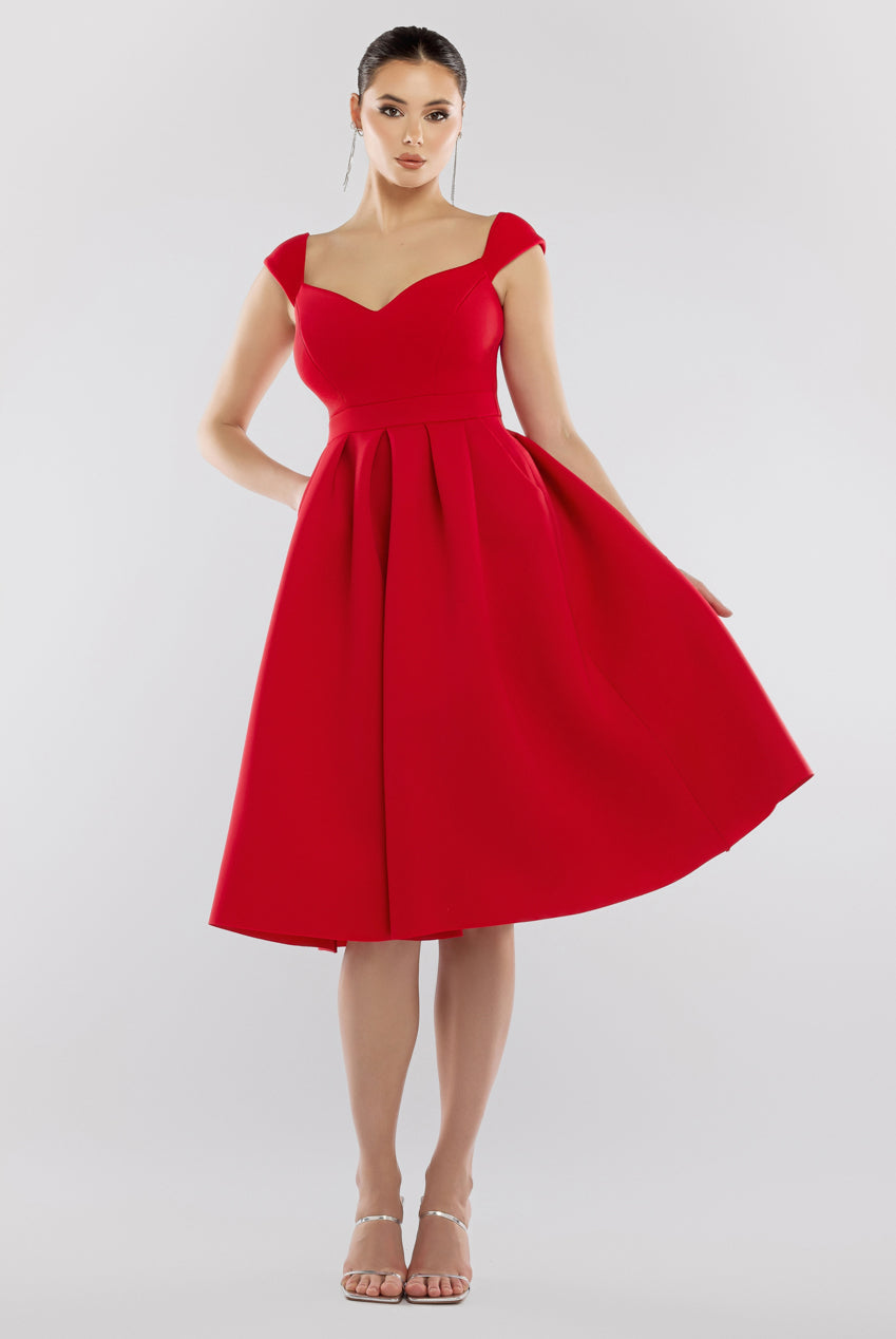 Goddiva Scuba Foam Skater Midi Dress - Red