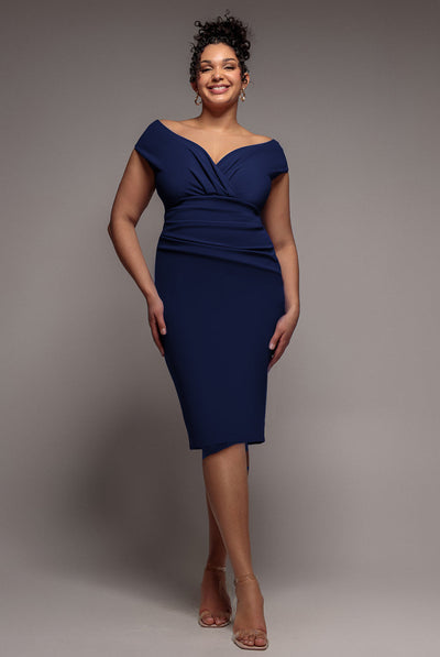 Navy - Goddiva Plus Scuba Bardot Pleated Midi Dress - Navy