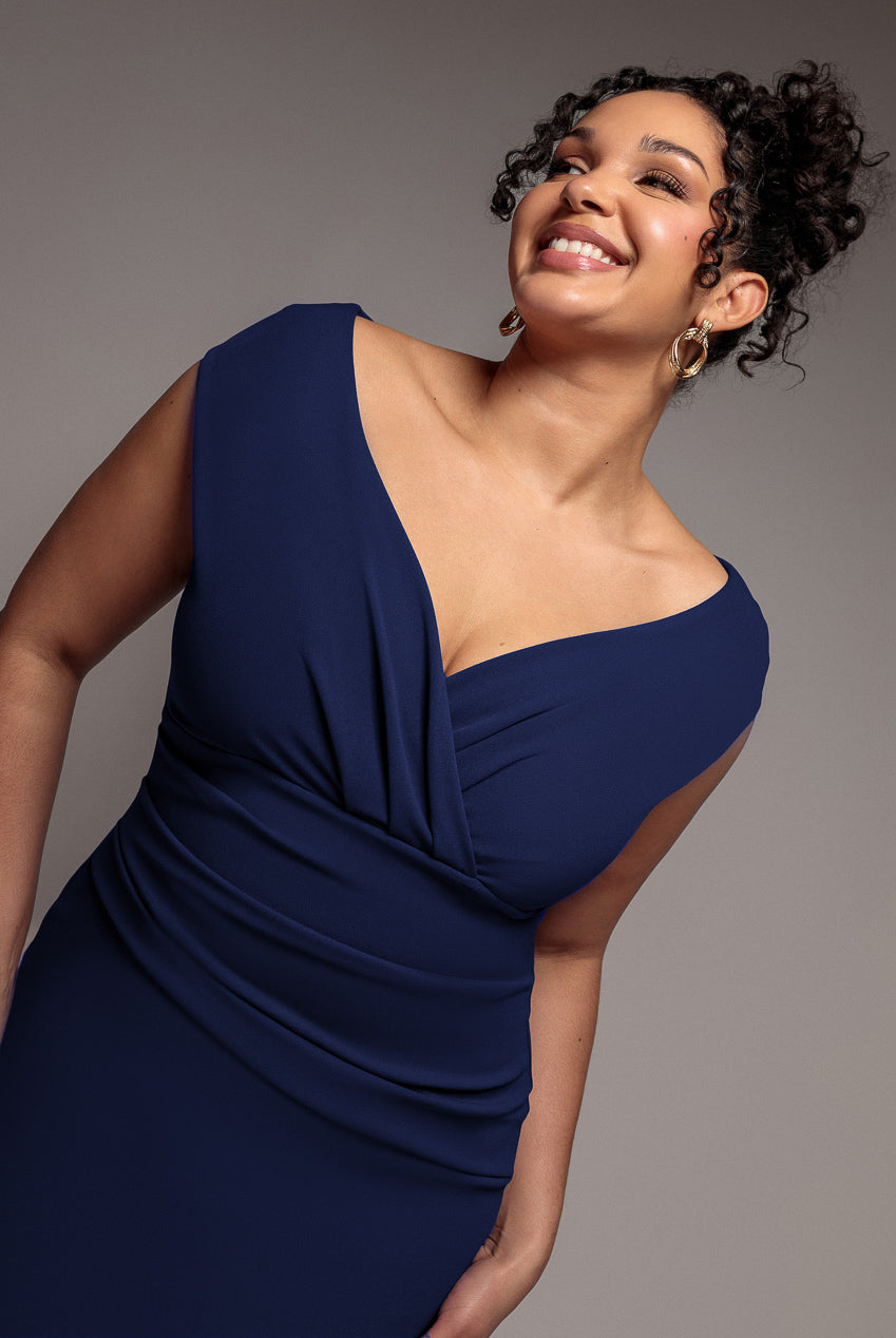 Goddiva Plus Scuba Bardot Pleated Midi Dress - Navy