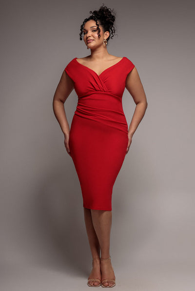 Goddiva Plus Scuba Bardot Pleated Midi Dress - Red