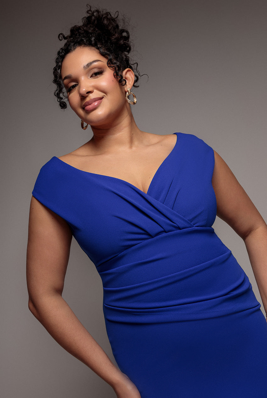 Goddiva Plus Scuba Bardot Pleated Midi Dress - Royalblue
