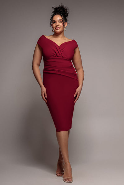 Wine - Goddiva Plus Scuba Bardot Pleated Midi Dress - Wine