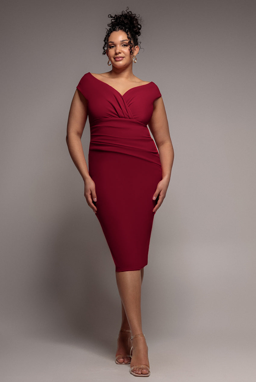 Goddiva Plus Scuba Bardot Pleated Midi Dress - Wine