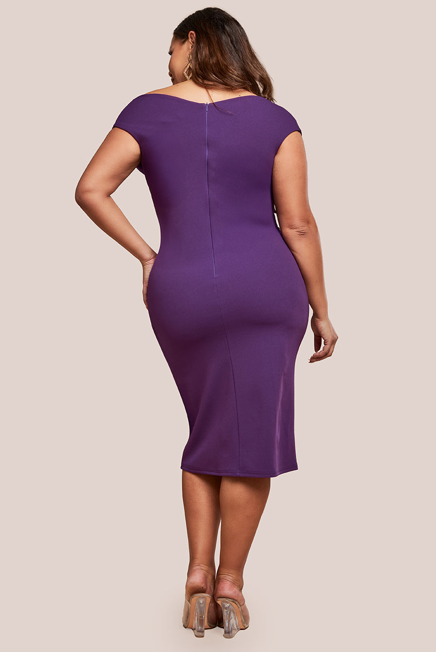 Goddiva Plus Scuba Bardot Pleated Midi Dress - Purple