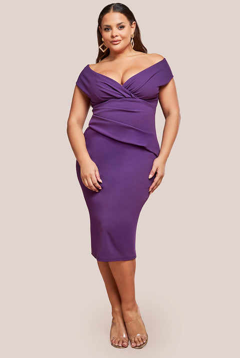 Goddiva Plus Scuba Bardot Pleated Midi Dress - Purple