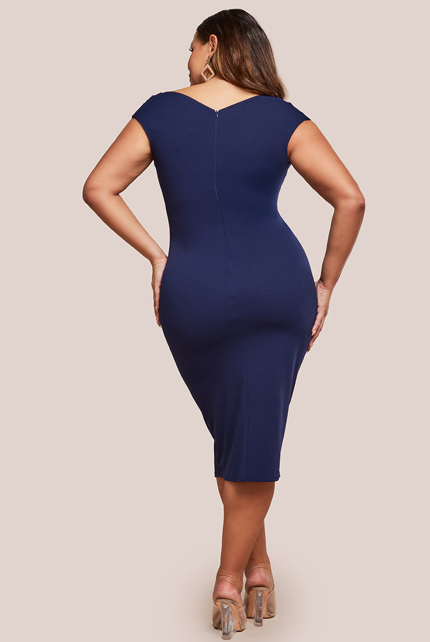 Goddiva Plus Scuba Bardot Pleated Midi Dress - Navy