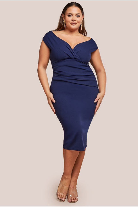 Goddiva Plus Scuba Bardot Pleated Midi Dress - Navy