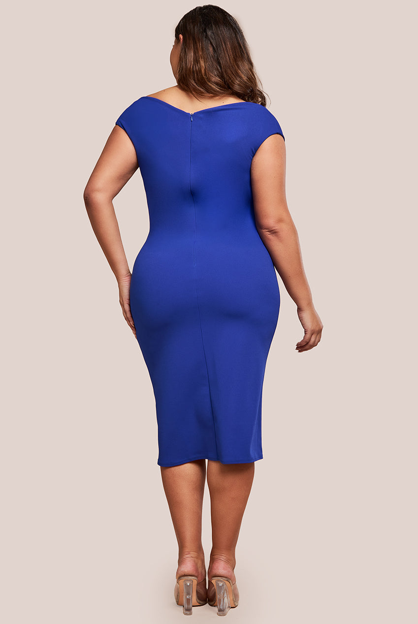 Goddiva Plus Scuba Bardot Pleated Midi Dress - Royalblue