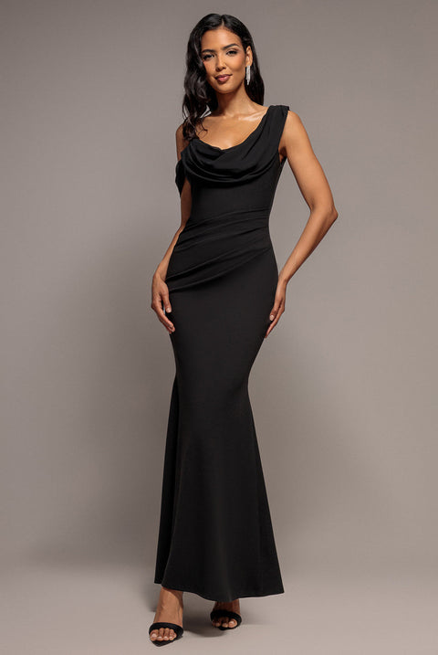Goddiva Cowl Neck One Shoulder Scuba & Chiffon Maxi Dress - Black