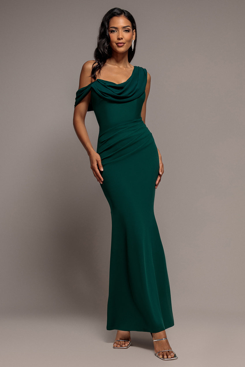 Goddiva Cowl Neck One Shoulder Scuba & Chiffon Maxi Dress - Emerald Green