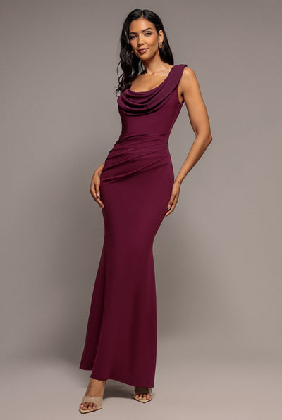 Goddiva Cowl Neck One Shoulder Scuba & Chiffon Maxi Dress - Plum