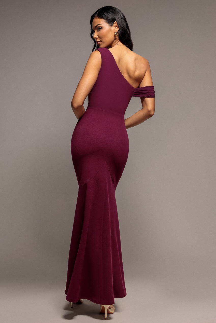 Goddiva Cowl Neck One Shoulder Scuba & Chiffon Maxi Dress - Plum