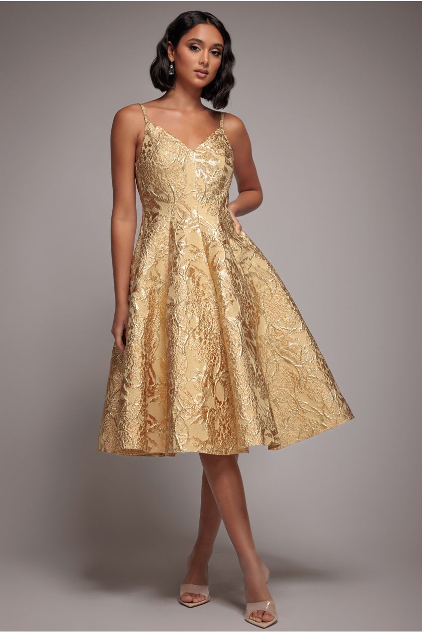 Goddiva Jacquard Sleeveless A-line Midi Dress - Gold