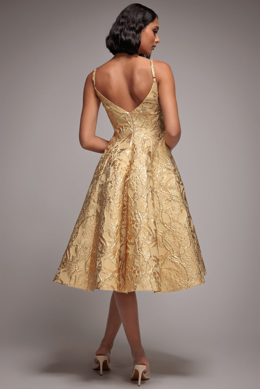 Goddiva Jacquard Sleeveless A-line Midi Dress - Gold