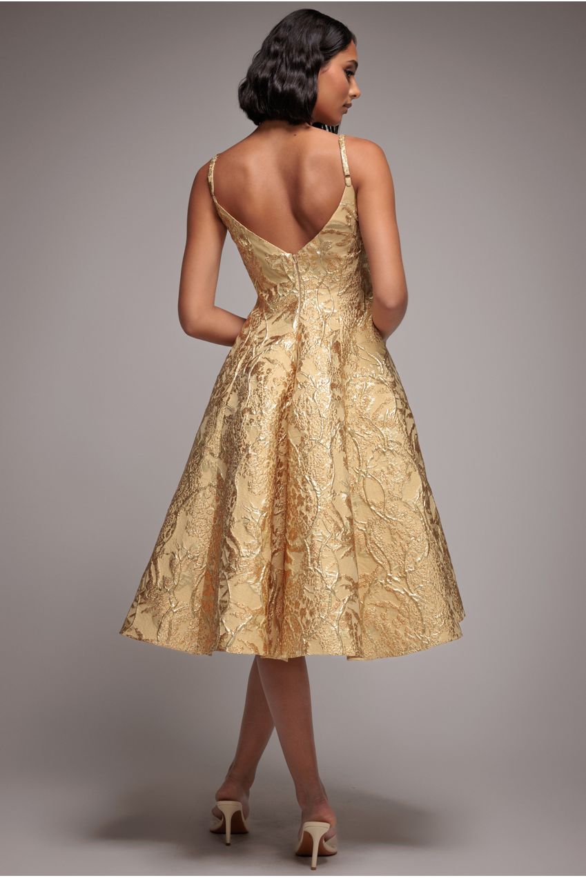 Jacquard Sleeveless A-line Midi Dress - Gold | Goddiva US Jacquard Sleeveless A-line Midi Dress - Gold | Goddiva US