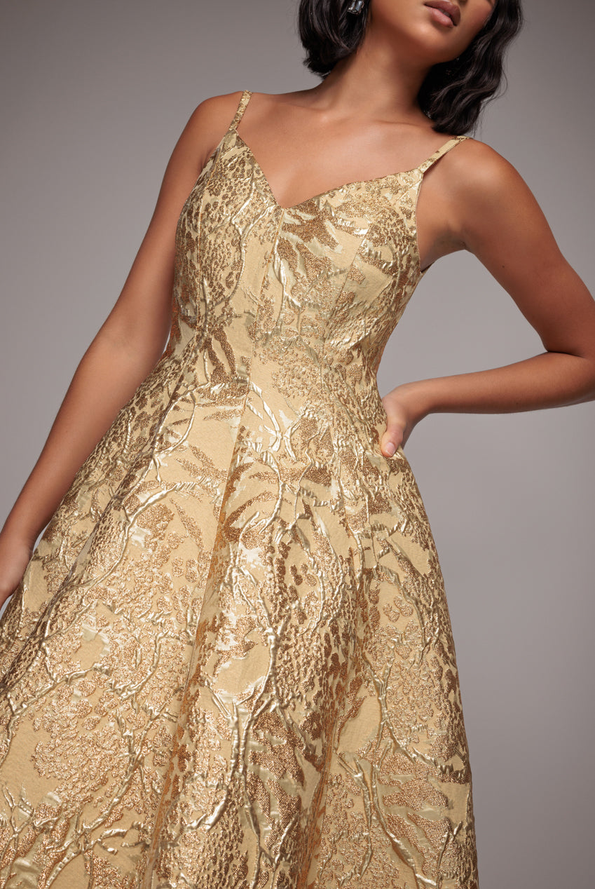 Goddiva Jacquard Sleeveless A-line Midi Dress - Gold