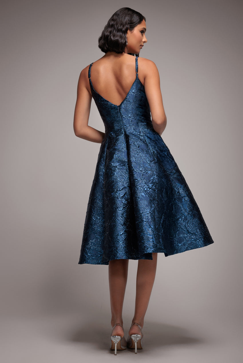 Goddiva Jacquard Sleeveless A-line Midi Dress - Navy Blue