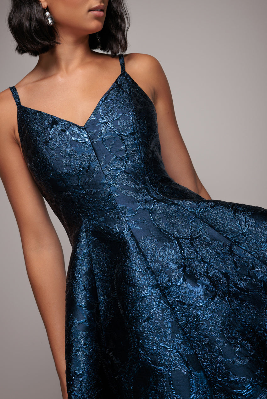 Goddiva Jacquard Sleeveless A-line Midi Dress - Navy Blue