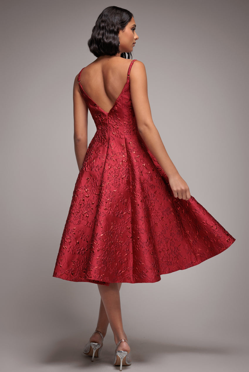 Goddiva Jacquard Sleeveless A-line Midi Dress - Red