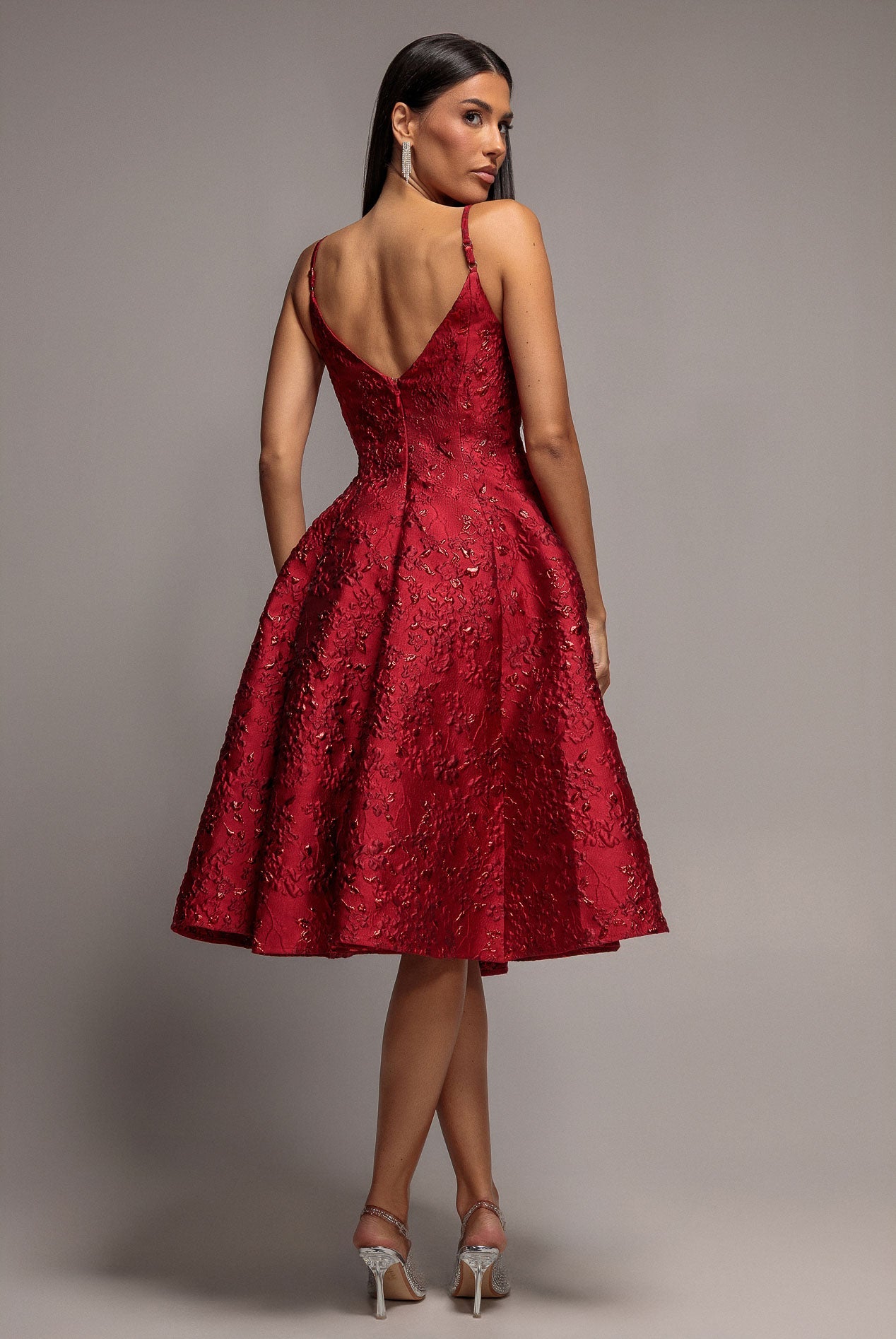 Goddiva Jacquard Sleeveless A-line Midi Dress - Red