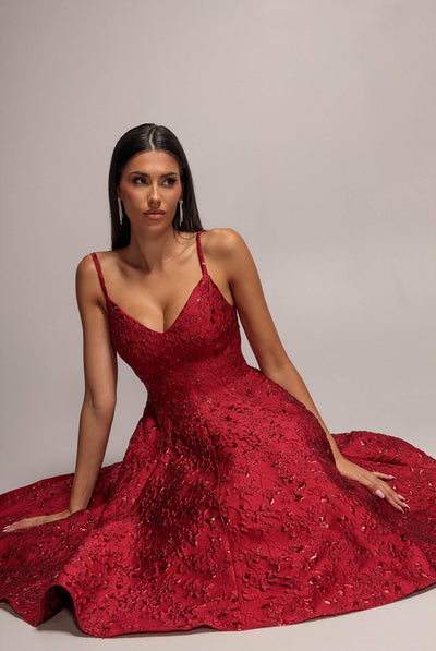 Goddiva Jacquard Sleeveless A-line Midi Dress - Red
