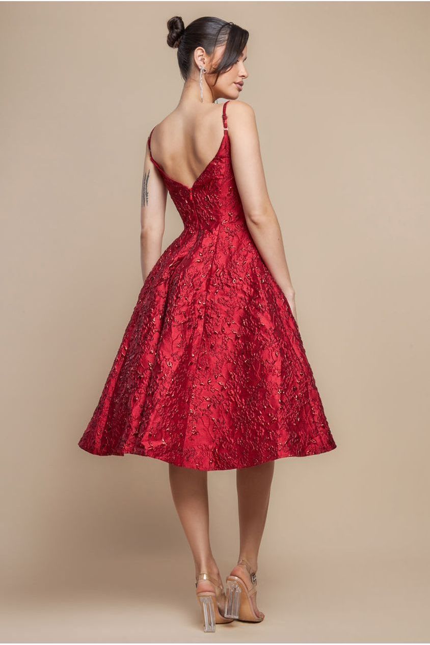 Goddiva Jacquard Sleeveless A-line Midi Dress - Red
