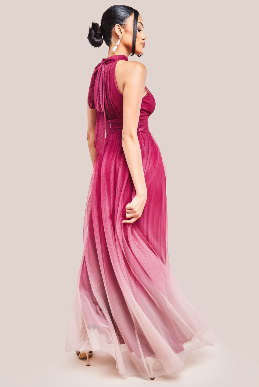 Goddiva Dobby Mesh Halter Neck Mesh Ombre Maxi Dress - Magenta Ombre