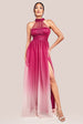 Goddiva Dobby Mesh Halter Neck Mesh Ombre Maxi Dress - Magenta Ombre