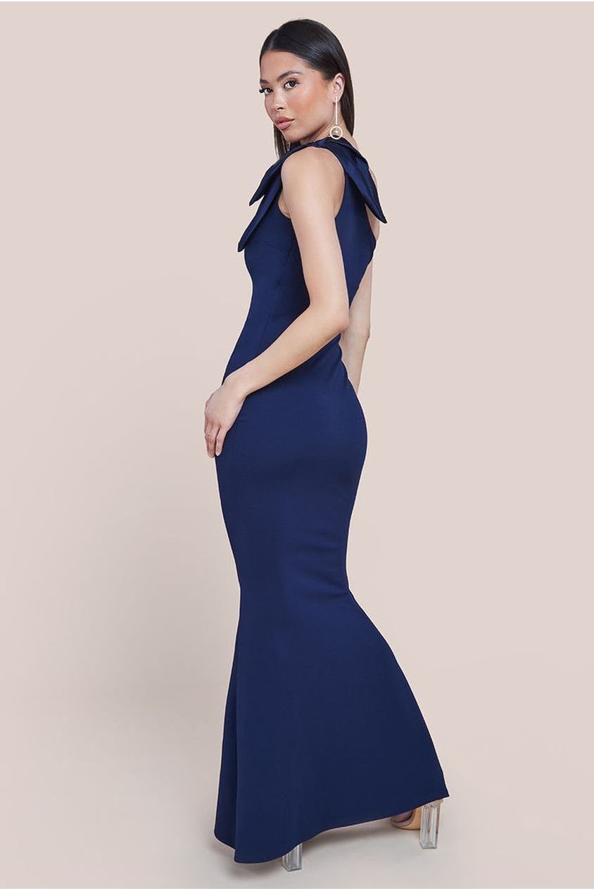 Goddiva One Shoulder Satin Bow Scuba Crepe Maxi Dress - Navy