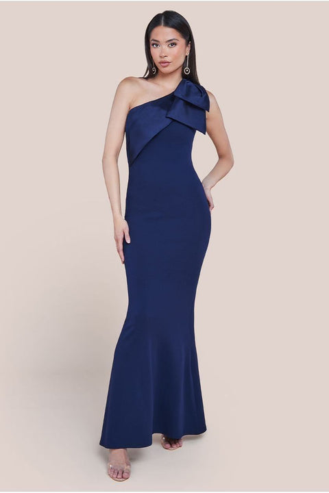 Goddiva One Shoulder Satin Bow Scuba Crepe Maxi Dress - Navy