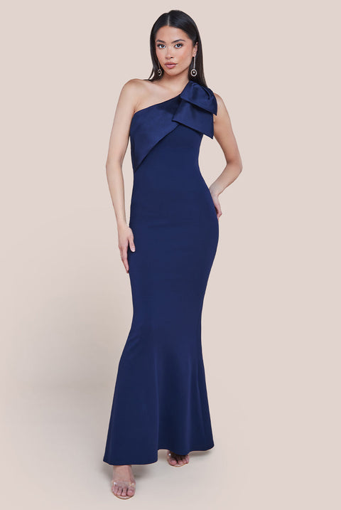 Goddiva One Shoulder Satin Bow Scuba Crepe Maxi Dress - Navy