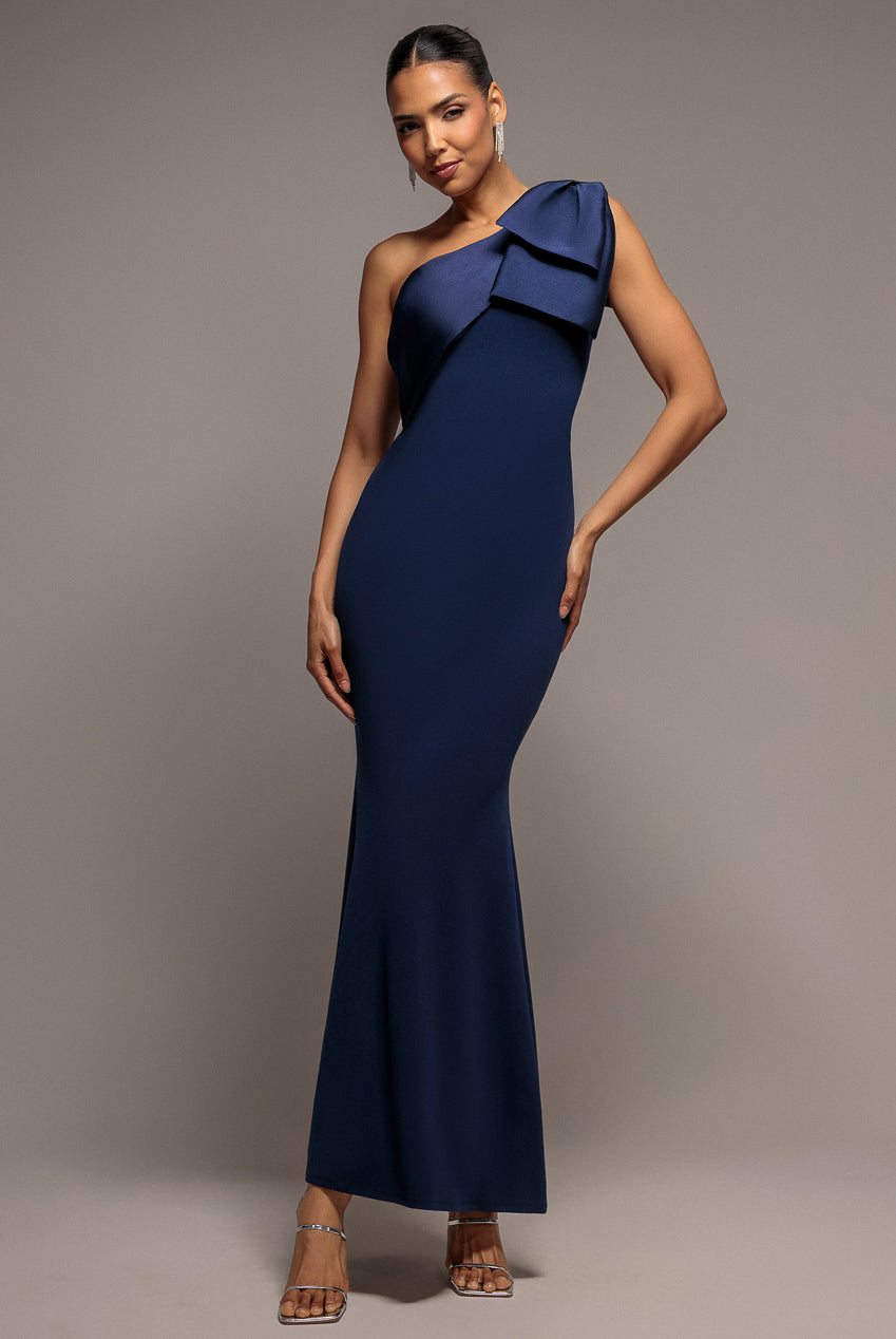 Goddiva One Shoulder Satin Bow Scuba Crepe Maxi Dress - Navy