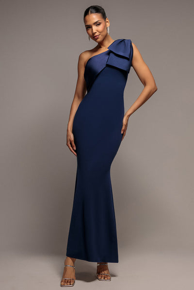Navy - Goddiva One Shoulder Satin Bow Scuba Crepe Maxi Dress - Navy