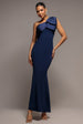 Goddiva One Shoulder Satin Bow Scuba Crepe Maxi Dress - Navy