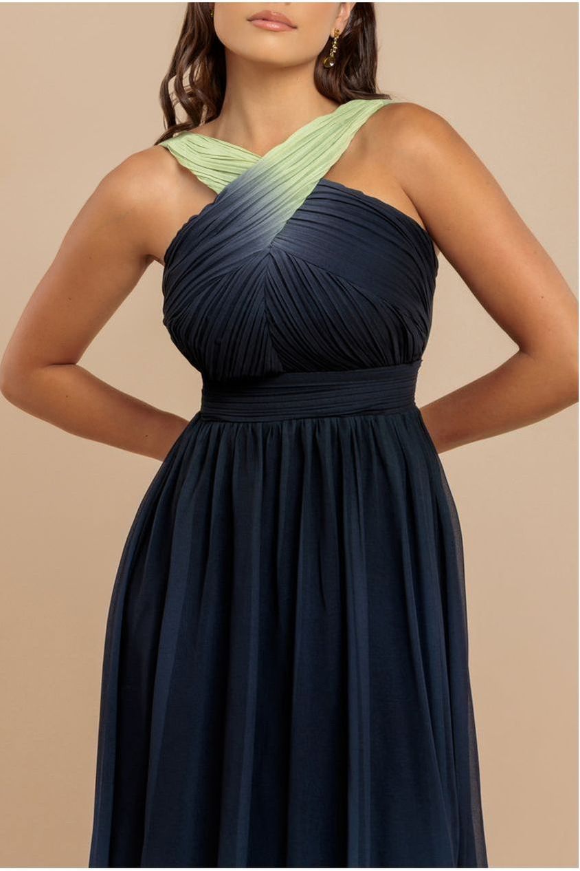 Goddiva Ombre Cross Front Pleated Maxi Dress - Lime Ombre