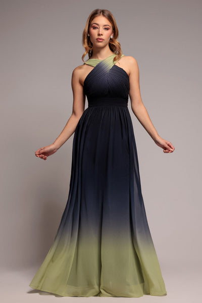 LimeOmbre - Goddiva Ombre Cross Front Pleated Maxi Dress - Lime Ombre