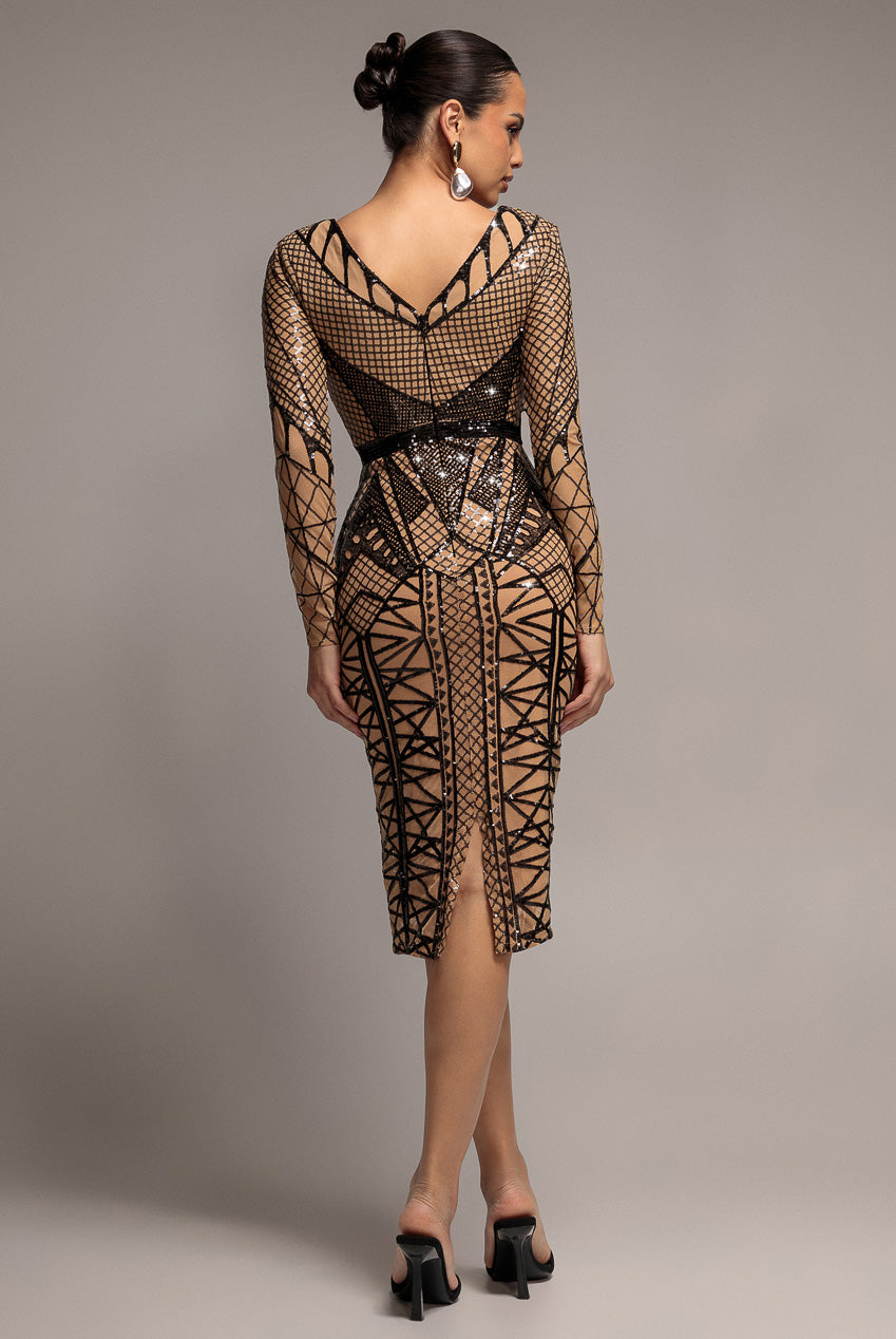 Goddiva Geometric Sequin Plunge Midi - Black