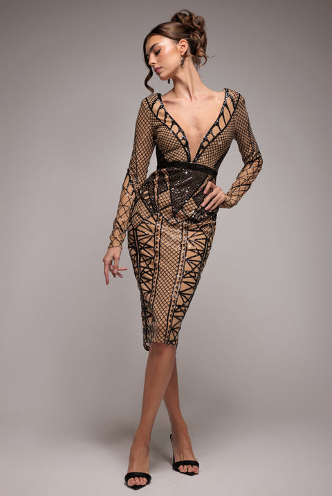 Goddiva Geometric Sequin Plunge Midi - Black