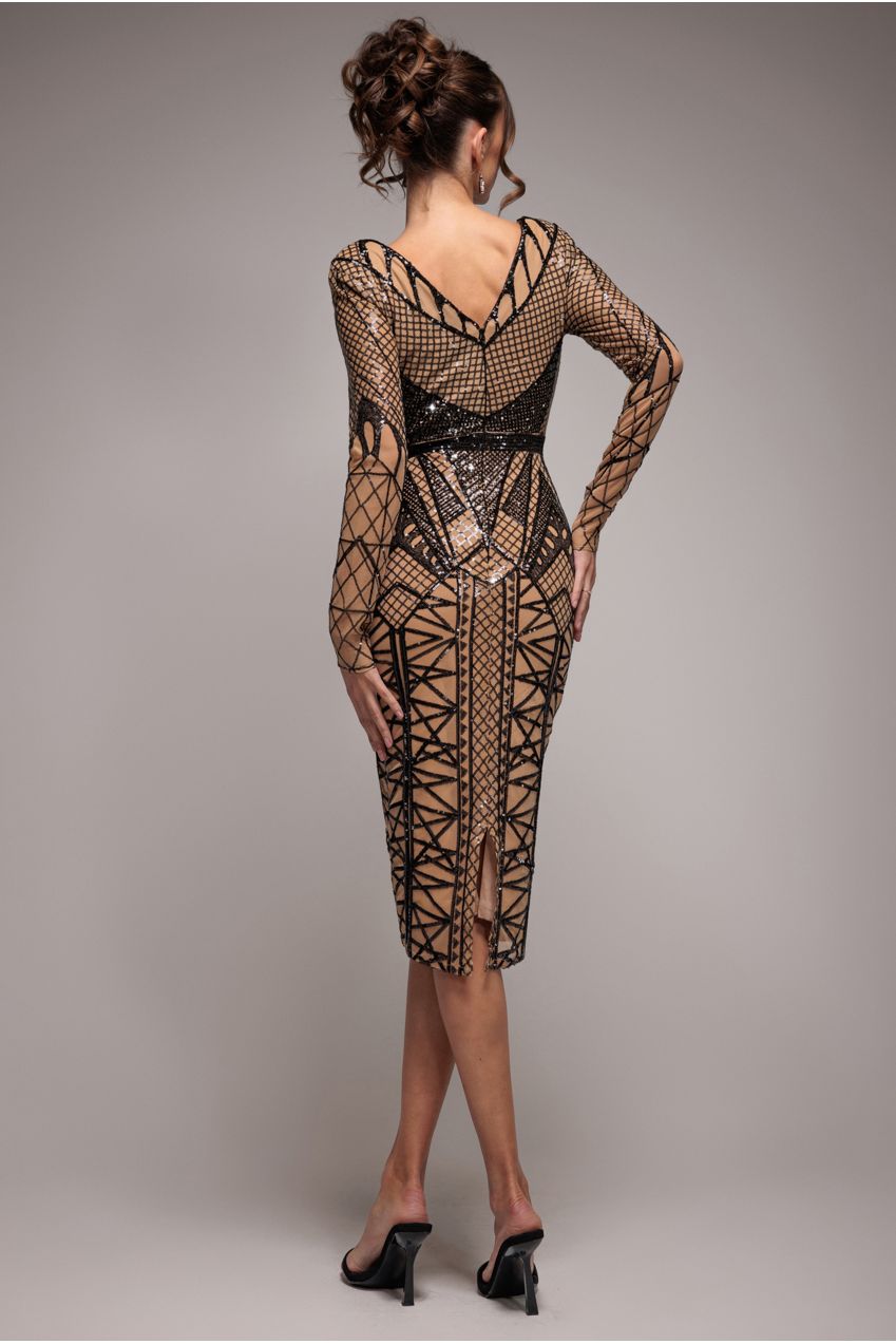 Goddiva Geometric Sequin Plunge Midi - Black