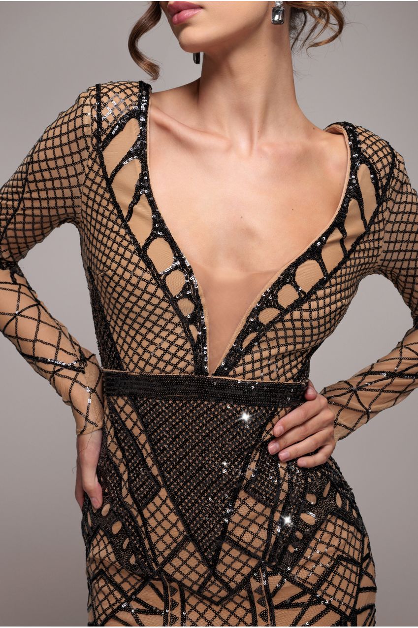 Goddiva Geometric Sequin Plunge Midi - Black